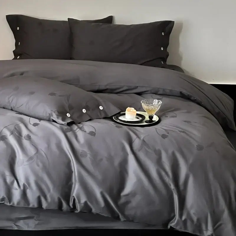 Dark gray egyptian cotton bedding set bedroom floral embroidery