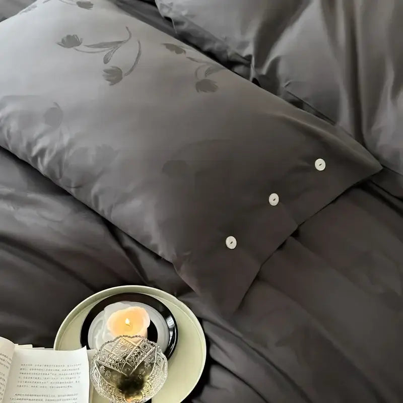 Dark gray egyptian cotton bedding set bedroom floral embroidery