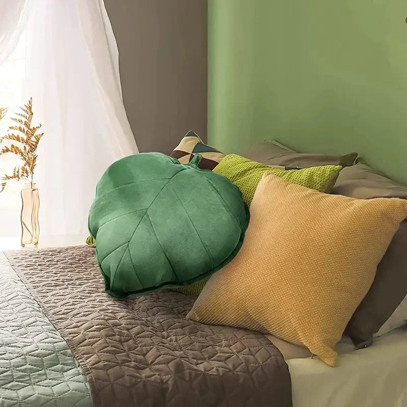 Dark green 3d leaf throw pillow bedroom soft plush cushion
