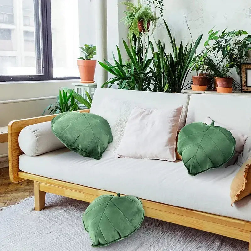 Dark green 3d leaf throw pillow bedroom soft plush cushion
