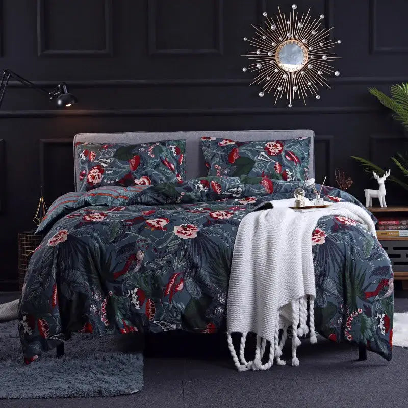 Dark green floral plush duvet cover set bedroom bedding