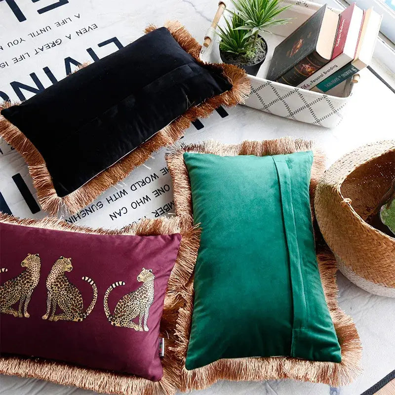 Dark green velvet leopard cheetah print cushion cover living room