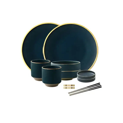 Dark teal gold rimmed ceramic dinnerware set – dining room plates