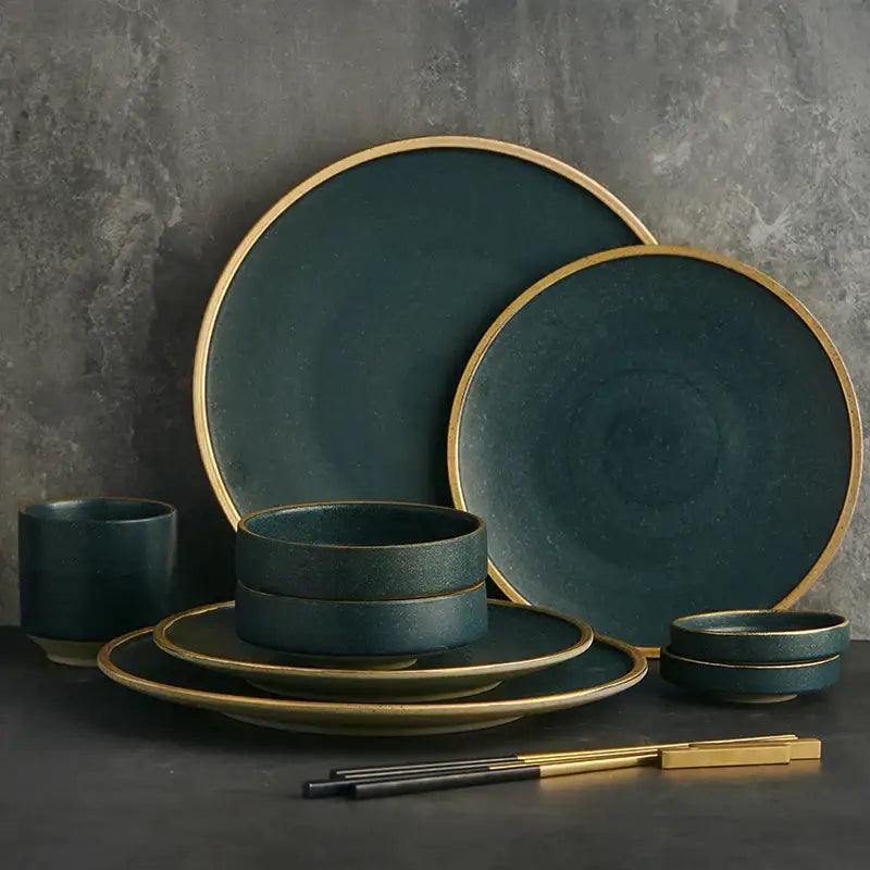 Dark teal gold rimmed ceramic dinnerware set – dining room plates