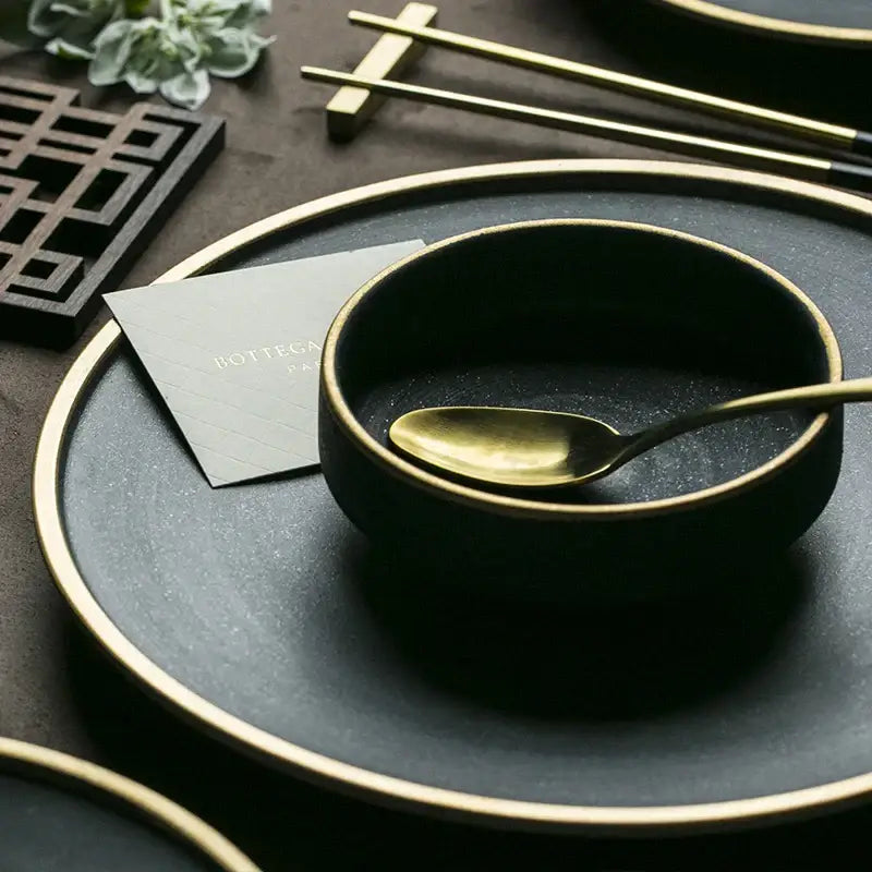 Dark teal gold rimmed ceramic dinnerware set – dining room plates