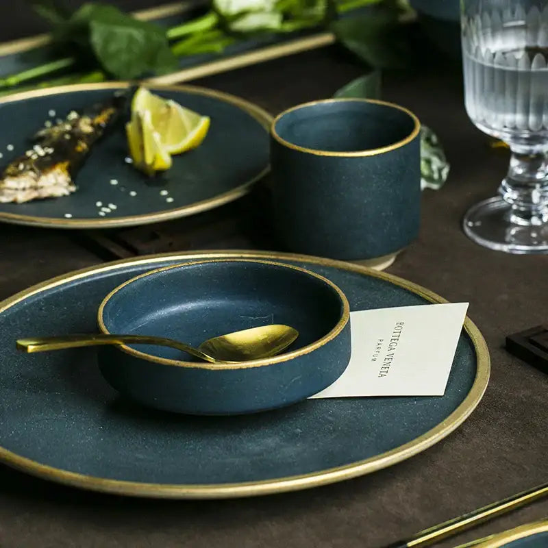 Dark teal gold rimmed ceramic dinnerware set – dining room plates