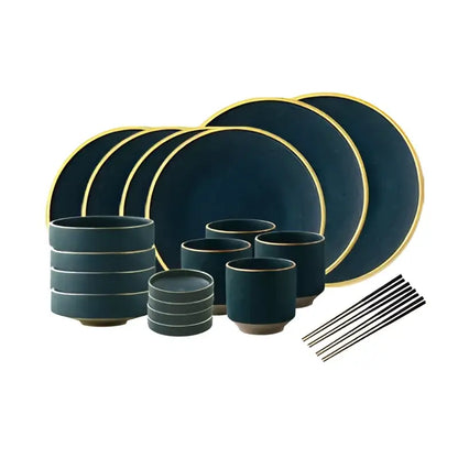 Dark teal gold rimmed ceramic dinnerware set – dining room plates
