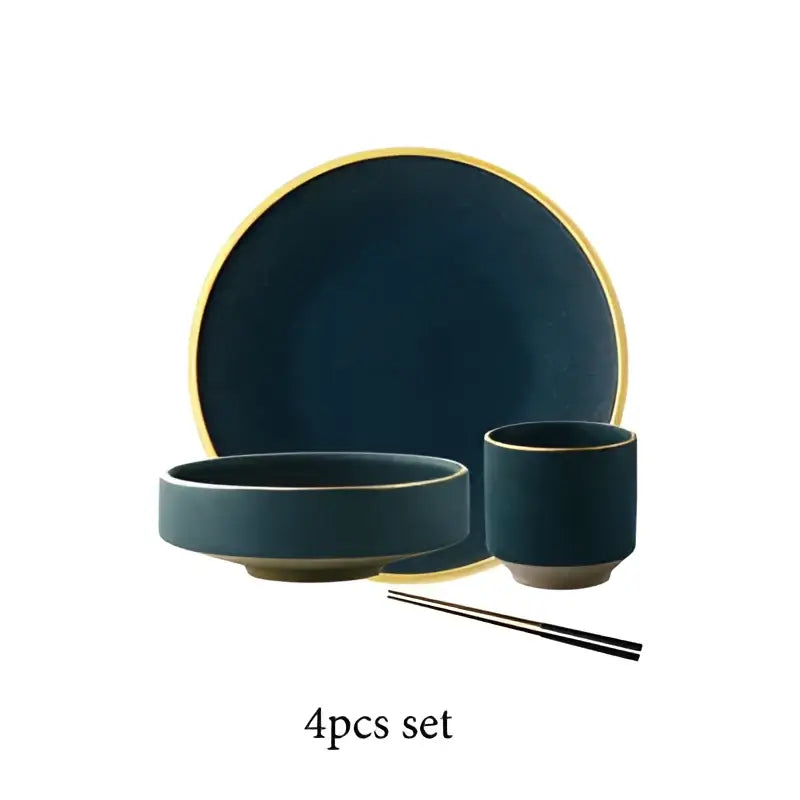 Dark teal gold rimmed ceramic dinnerware set – dining room plates