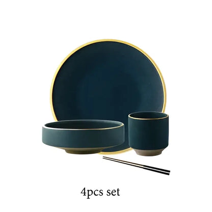 Dark teal gold rimmed ceramic dinnerware set – dining room plates