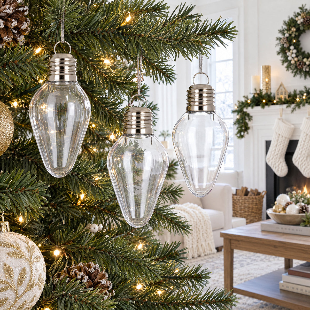 Set of 3 Clear Plastic Light Bulb Christmas Ornaments DIY Craft 4 Inches