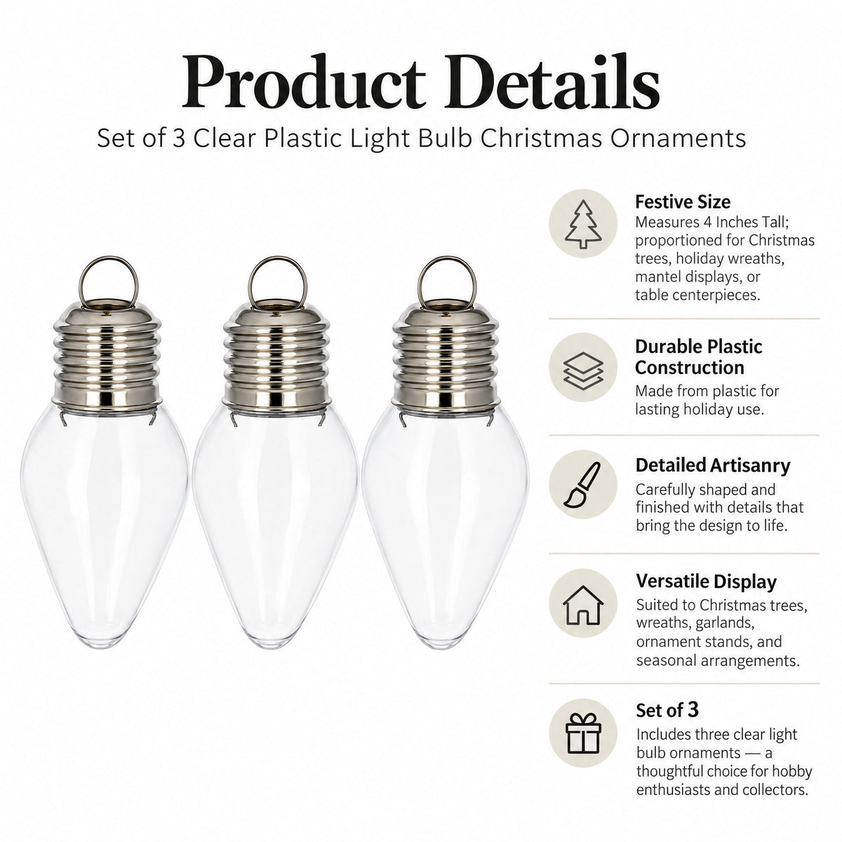 Set of 3 Clear Plastic Light Bulb Christmas Ornaments DIY Craft 4 Inches