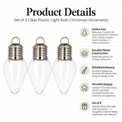 Set of 3 Clear Plastic Light Bulb Christmas Ornaments DIY Craft 4 Inches