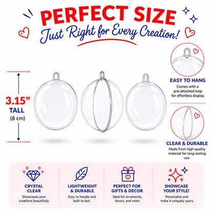 3.15-Inch Clear Plastic Fillable Christmas Ball Ornaments for DIY Projects: Set of 3