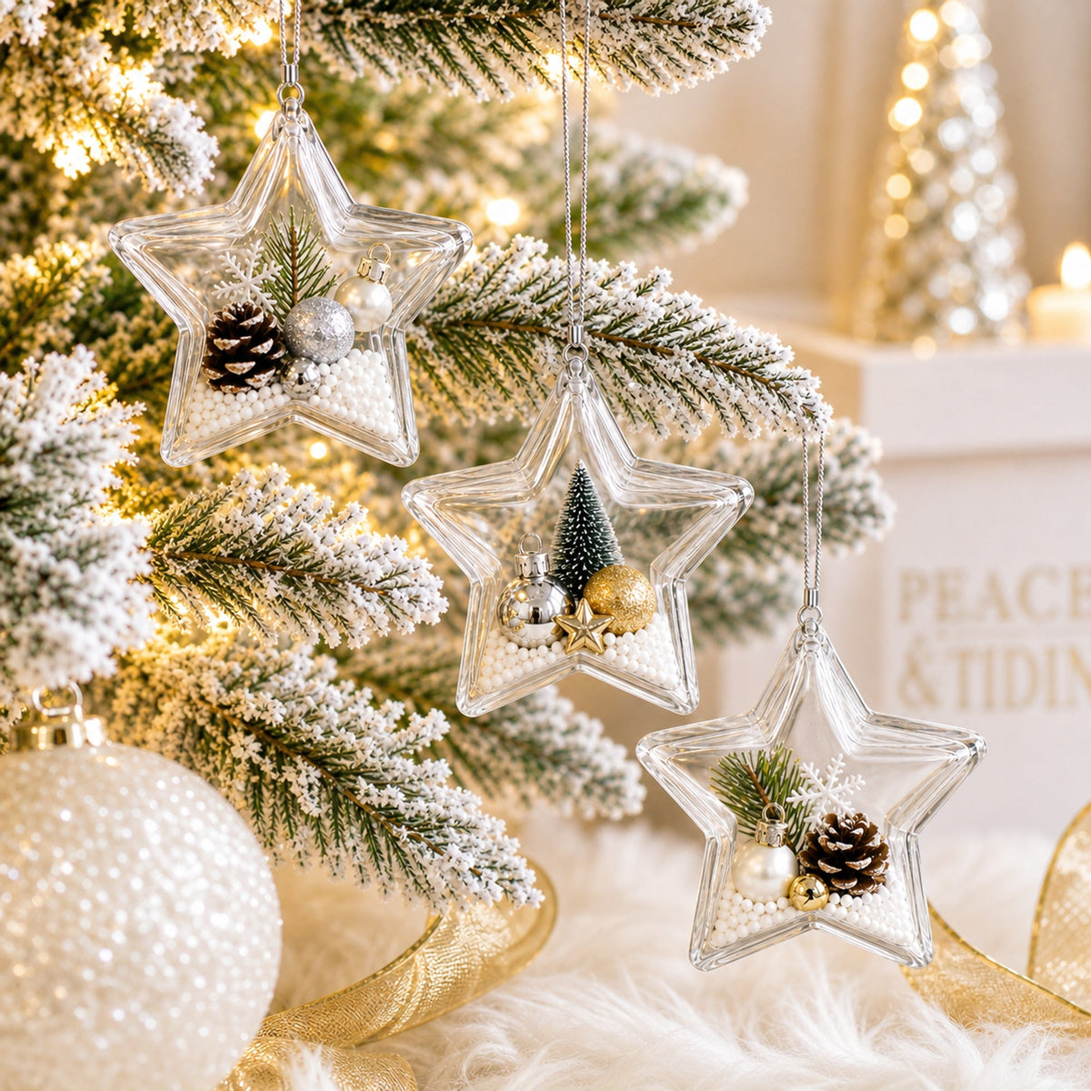Set of 3 Openable Fillable Clear Plastic Star Christmas Ornaments DIY Craft 3.5 Inches