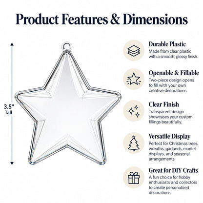 Set of 3 Openable Fillable Clear Plastic Star Christmas Ornaments DIY Craft 3.5 Inches