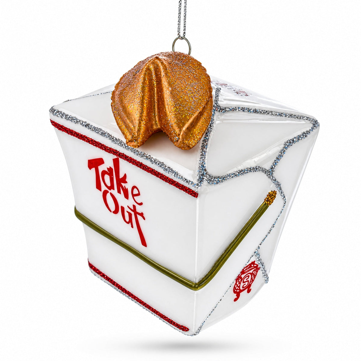 Takeout Box with Fortune Cookie Glass Christmas Ornament