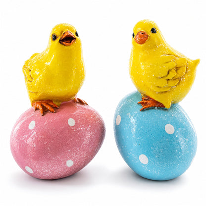 Set of 2 Chicks on Easter Egg Figurines 3.8 Inches