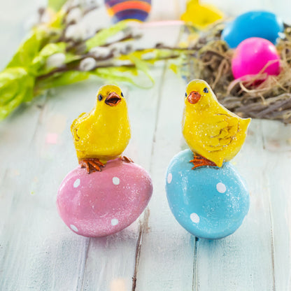 Set of 2 Chicks on Easter Egg Figurines 3.8 Inches