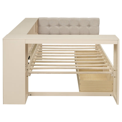 Upholstered Headboard Platform Bed With Storage Shelves, Drawers, Charging Station