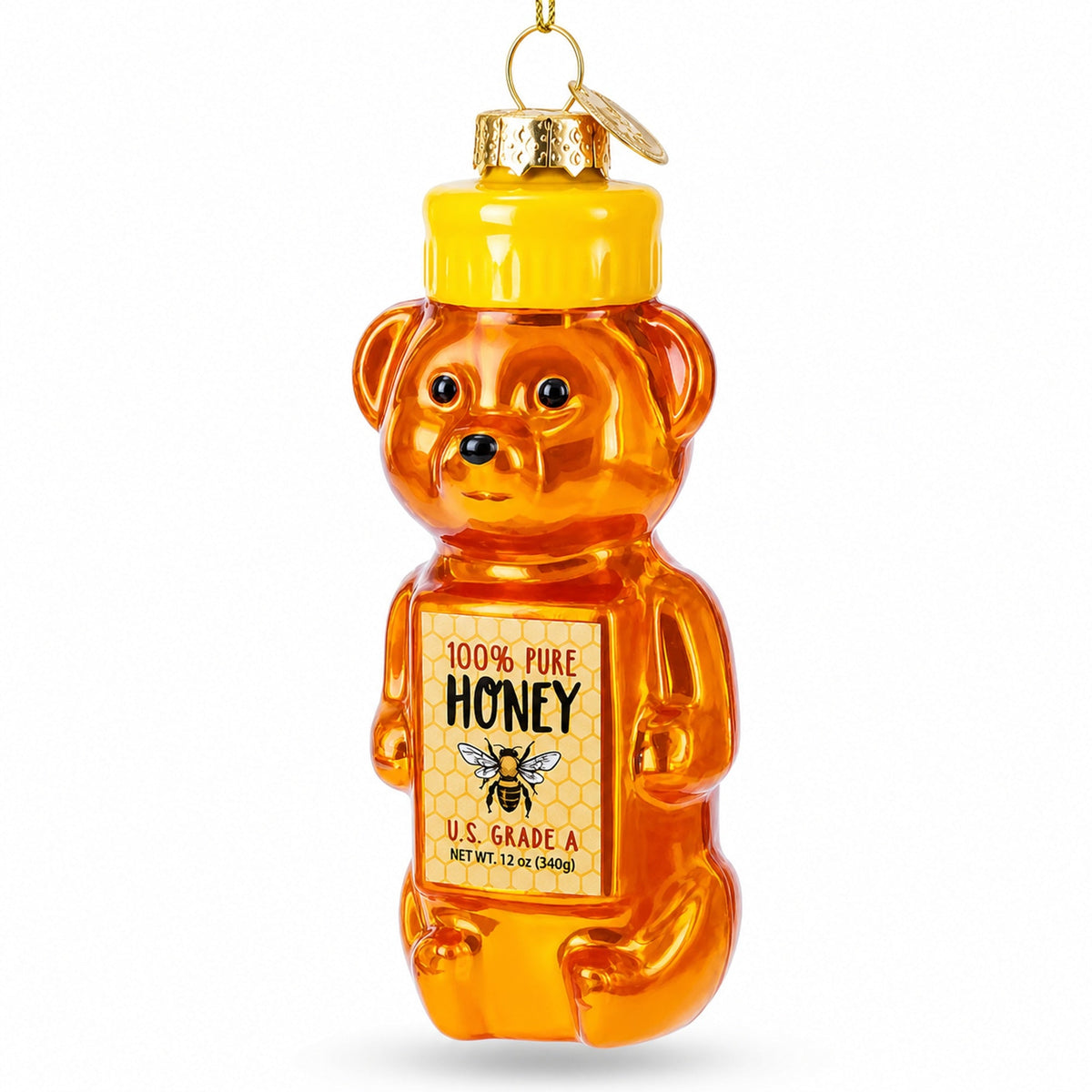 Honey Bear With Label Detail Glass Christmas Ornament