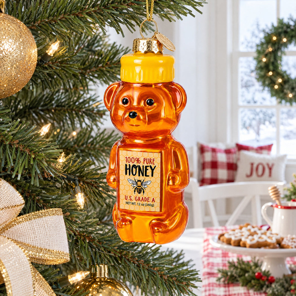 Honey Bear With Label Detail Glass Christmas Ornament
