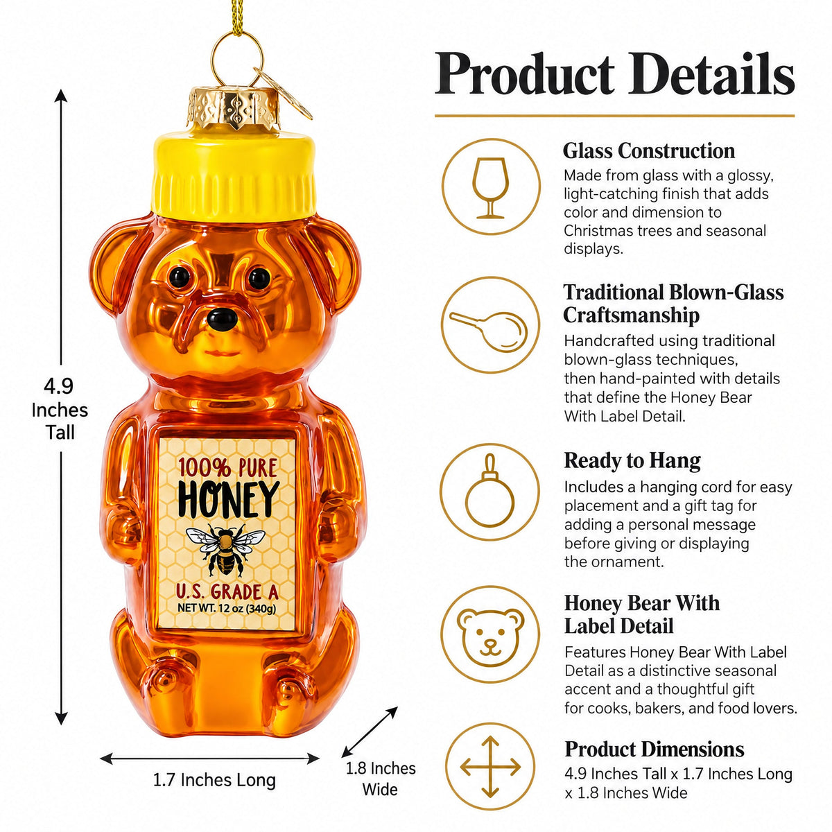 Honey Bear With Label Detail Glass Christmas Ornament