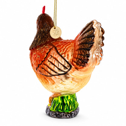 Farm Hen Chicken With Red Comb Glass Christmas Ornament