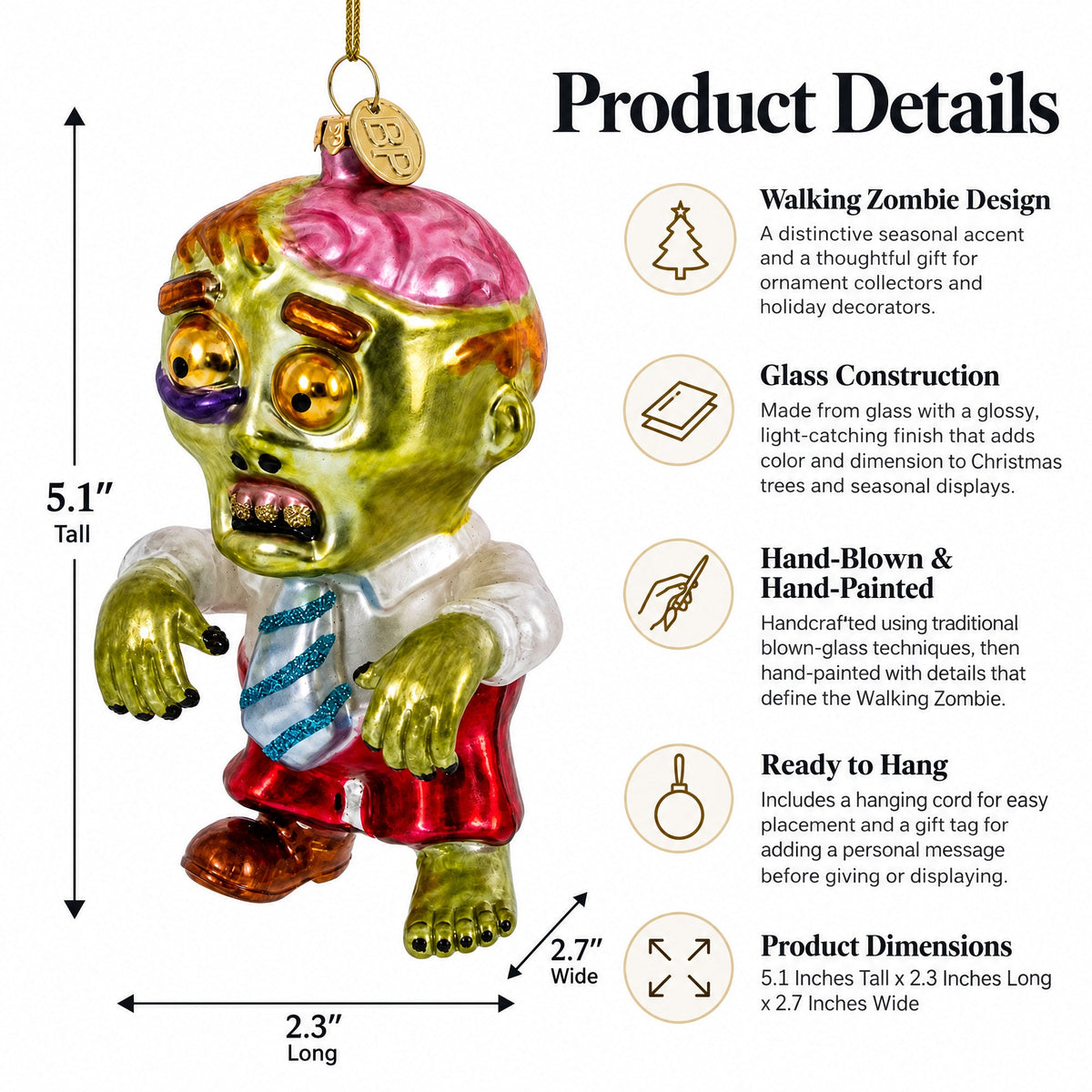 Walking Zombie Glass Christmas Ornament