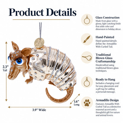 Armadillo With Curled Tail Glass Christmas Ornament