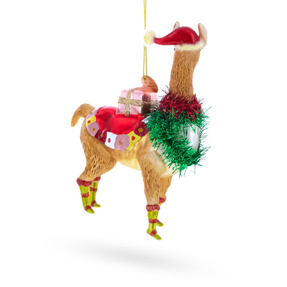 Christmas Llama with Tinsel Garland and Gift Glass Christmas Ornament