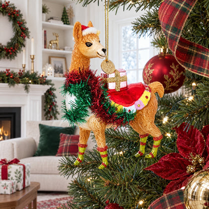 Christmas Llama with Tinsel Garland and Gift Glass Christmas Ornament