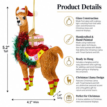 Christmas Llama with Tinsel Garland and Gift Glass Christmas Ornament