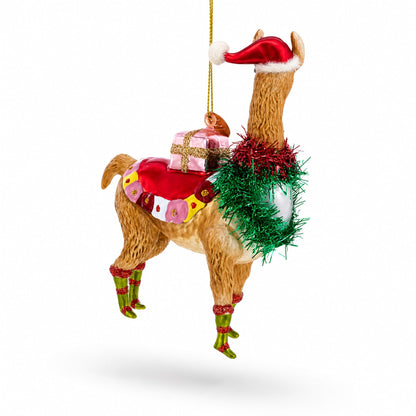 Christmas Llama with Tinsel Garland and Gift Glass Christmas Ornament