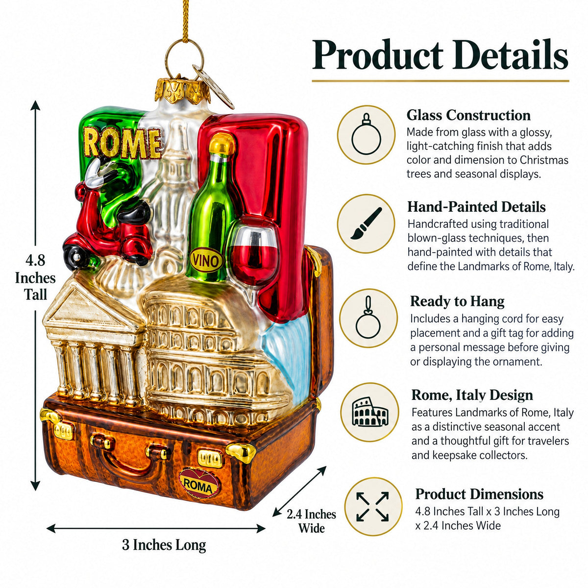 Landmarks of Rome, Italy Glass Christmas Ornament