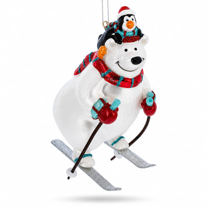 Skiing Polar Bear with Penguin Glass Christmas Ornament