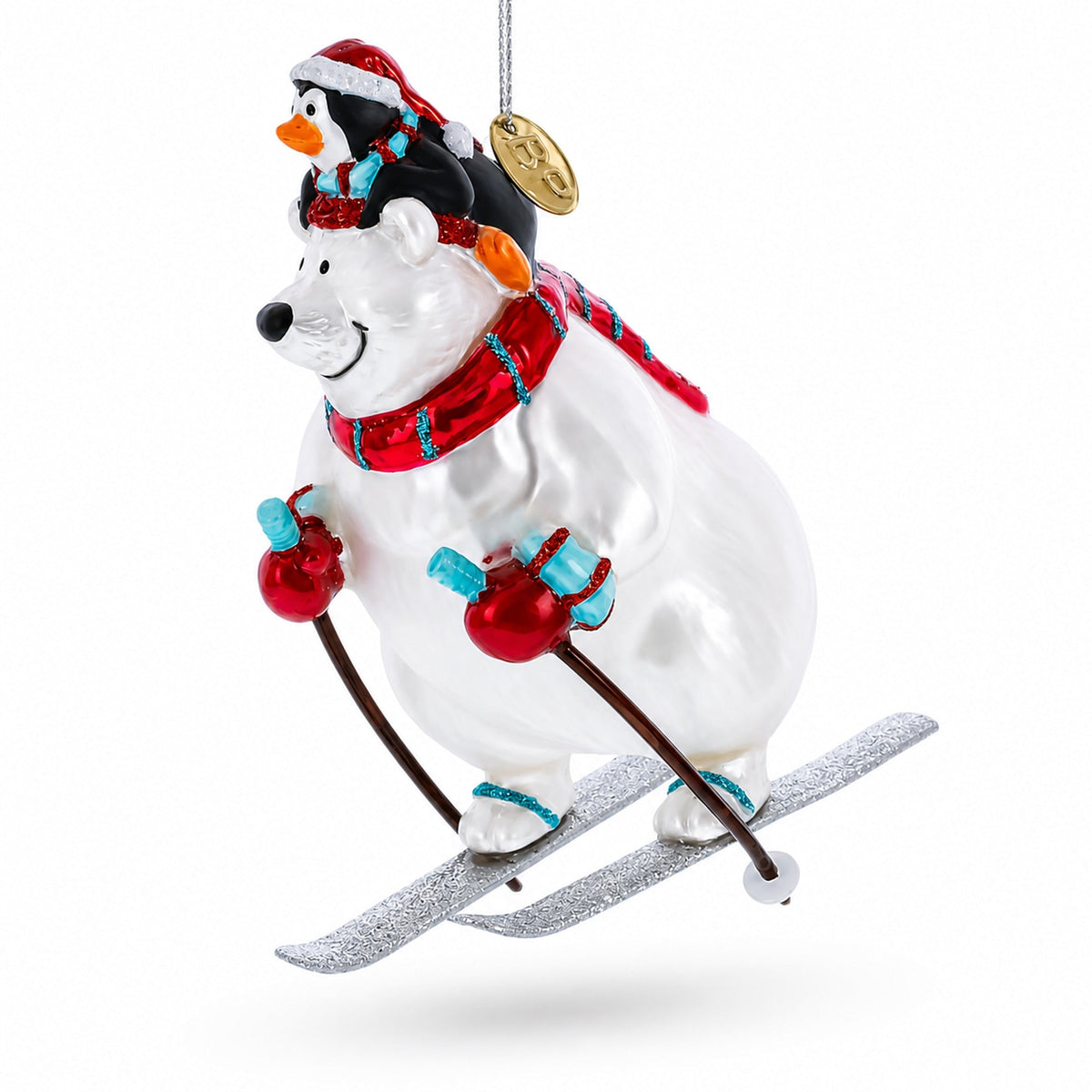 Skiing Polar Bear with Penguin Glass Christmas Ornament
