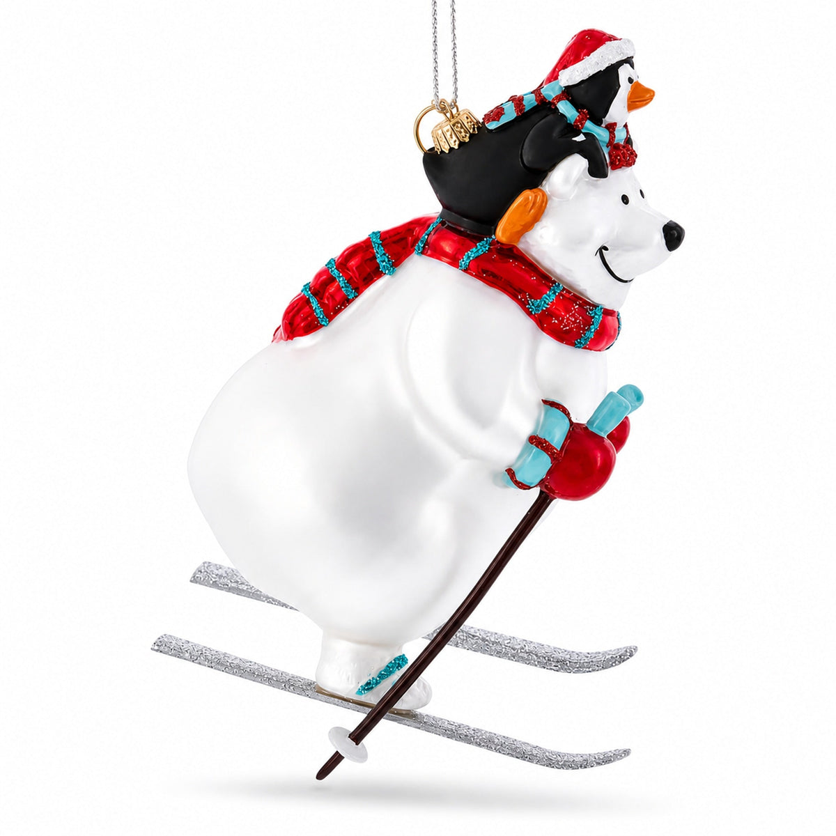 Skiing Polar Bear with Penguin Glass Christmas Ornament