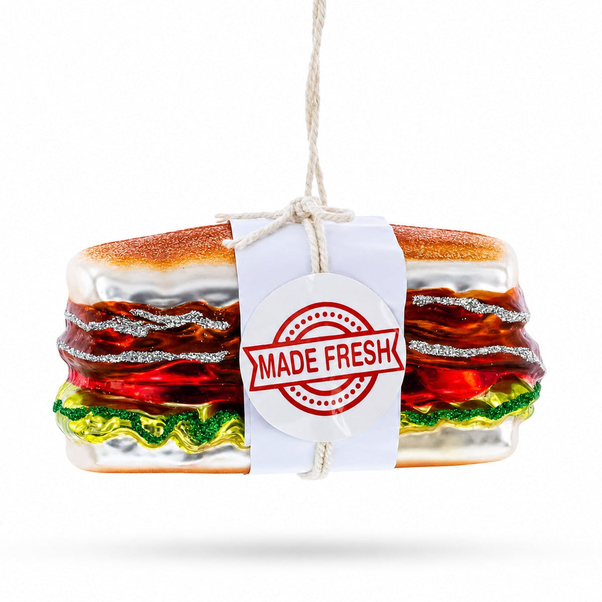 Fresh Made Meat Sandwich with Lettuce and Tomato Glass Christmas Ornament