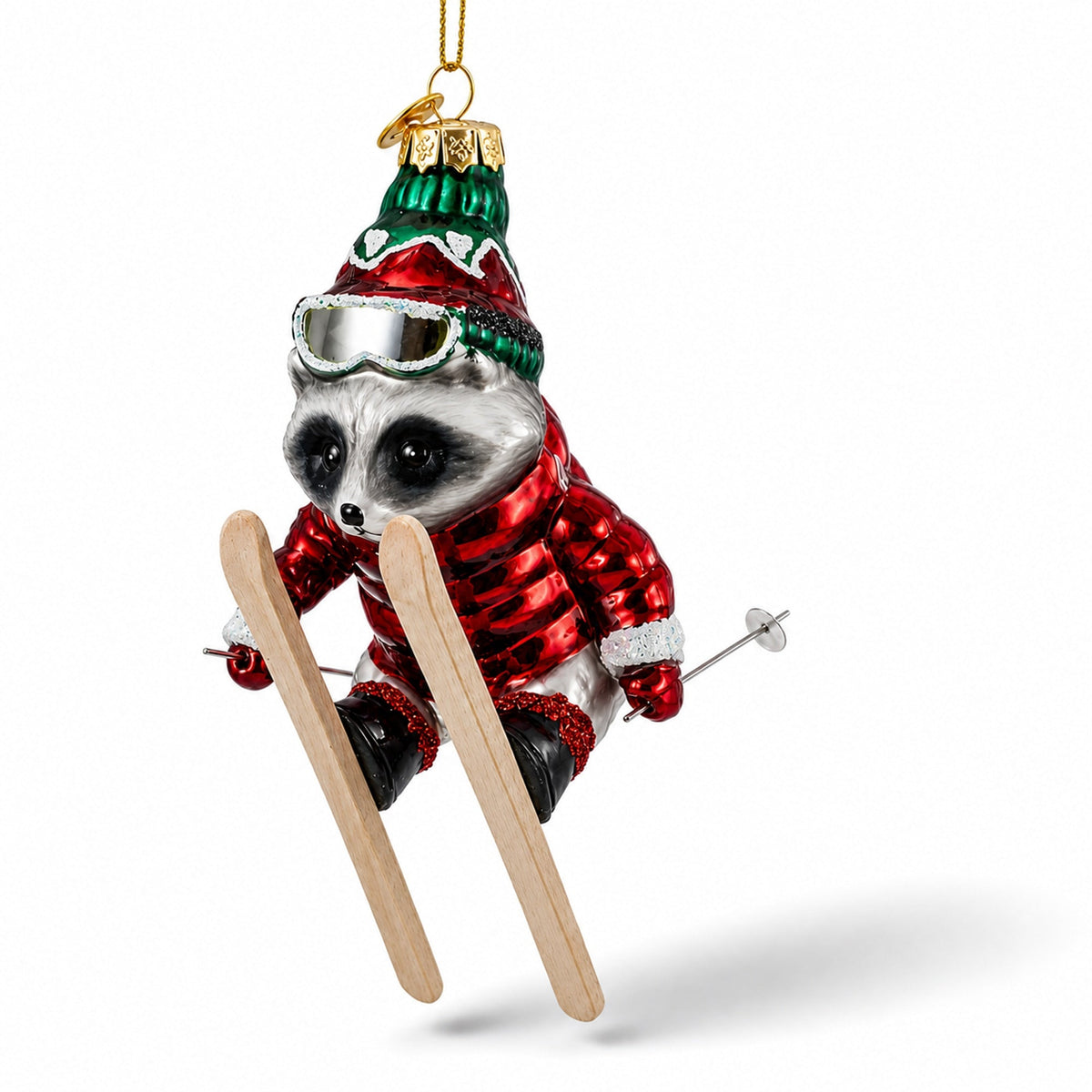 Raccoon Skier with Goggles Glass Christmas Ornament