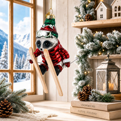Raccoon Skier with Goggles Glass Christmas Ornament