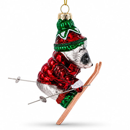 Raccoon Skier with Goggles Glass Christmas Ornament