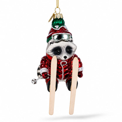 Raccoon Skier with Goggles Glass Christmas Ornament