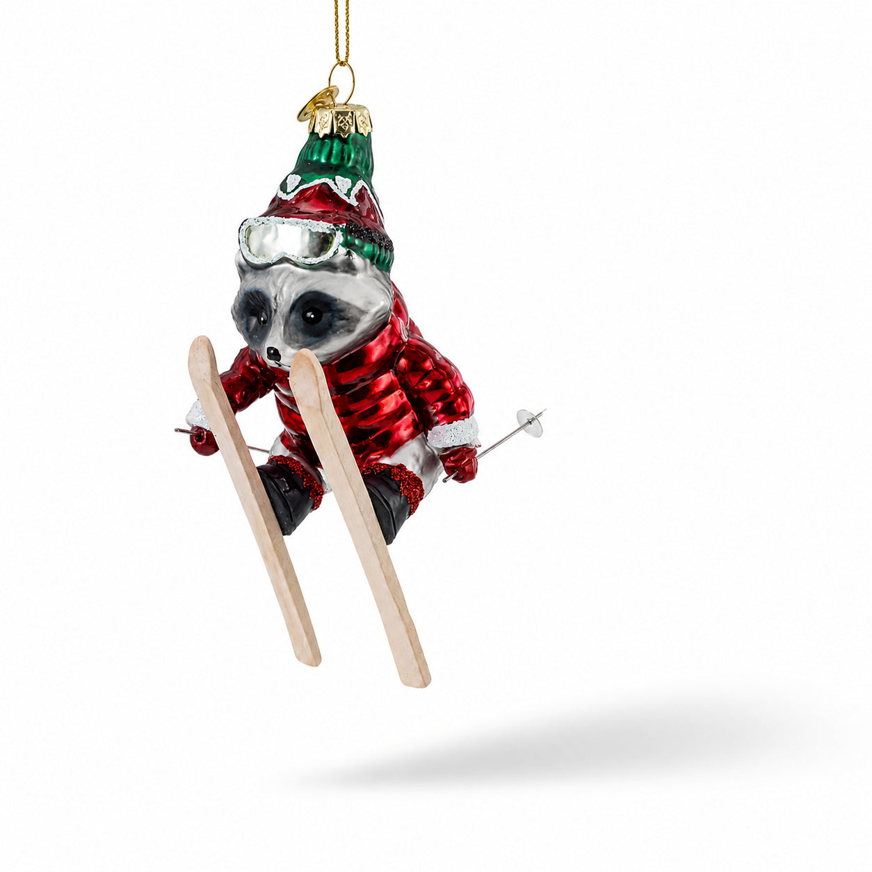 Raccoon Skier with Goggles Glass Christmas Ornament