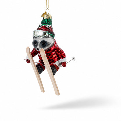 Raccoon Skier with Goggles Glass Christmas Ornament