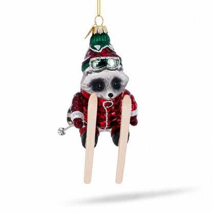 Raccoon Skier with Goggles Glass Christmas Ornament