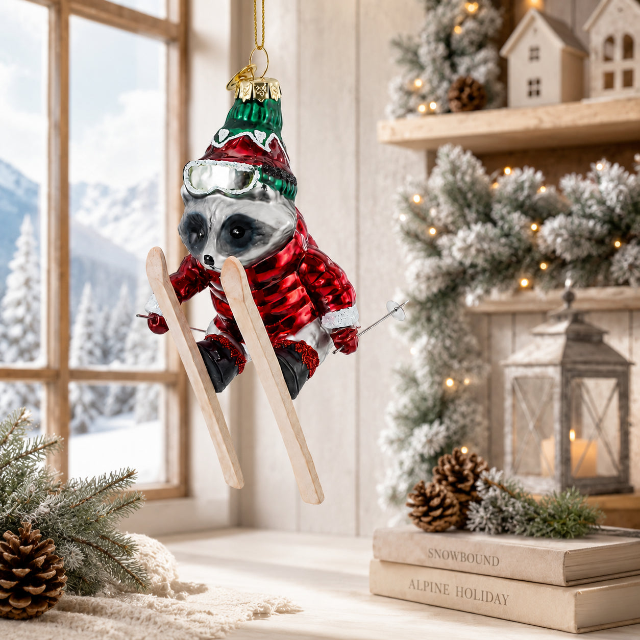 Raccoon Skier with Goggles Glass Christmas Ornament