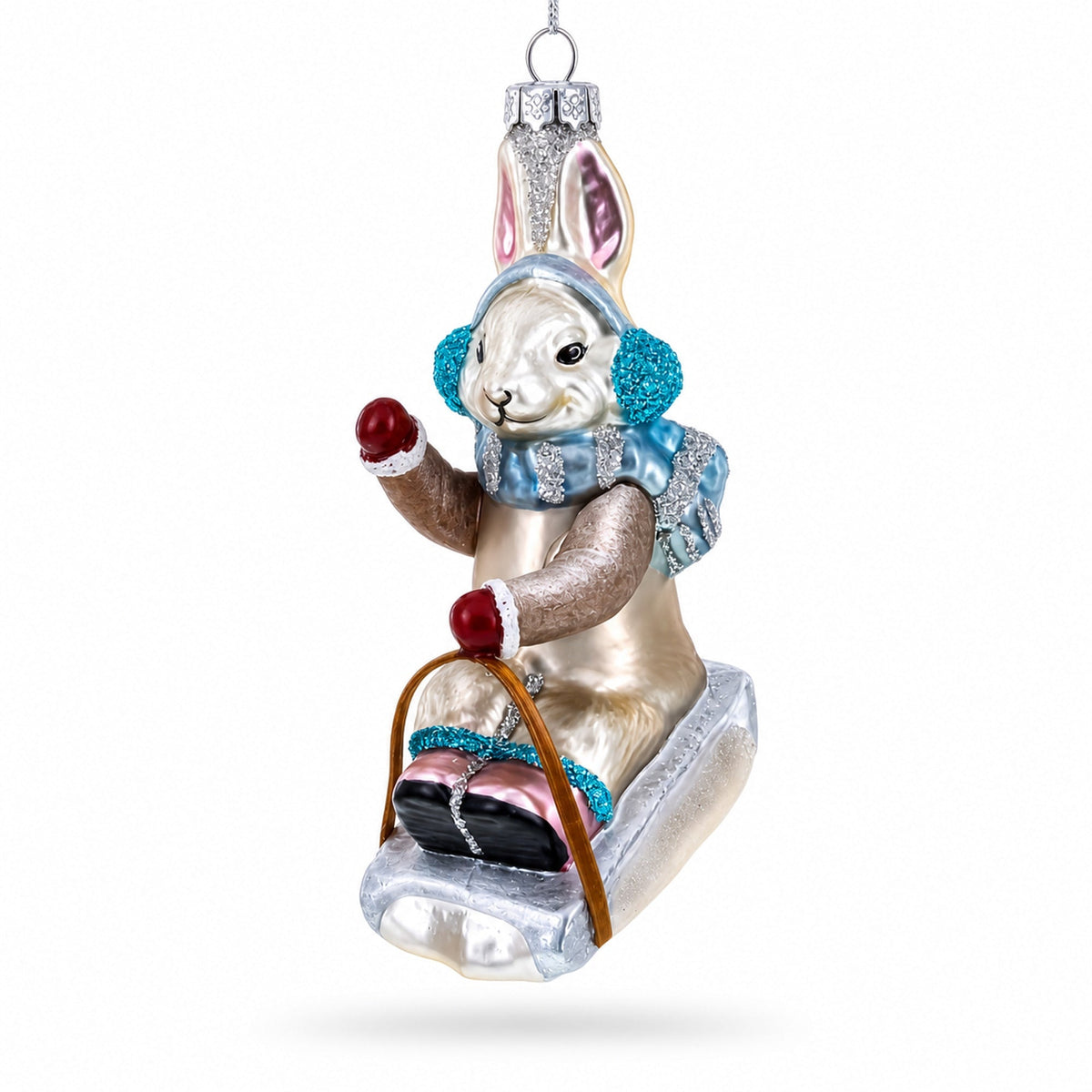 Bunny Sledding with Earmuffs Glass Christmas Ornament