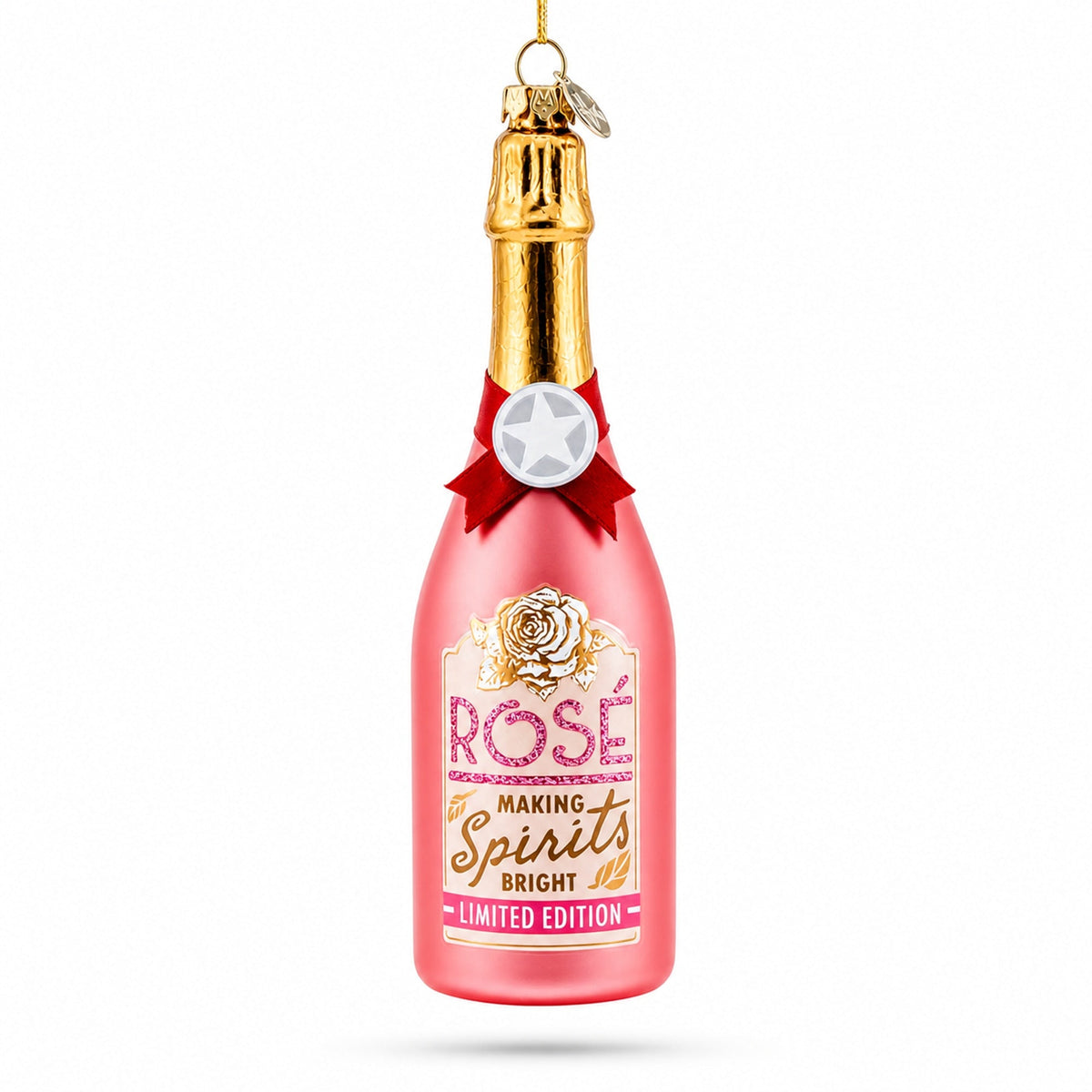 Rose Sparling Wine Bottle Glass Christmas Ornament
