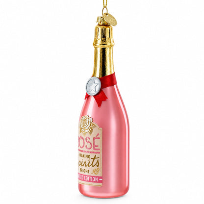 Rose Sparling Wine Bottle Glass Christmas Ornament