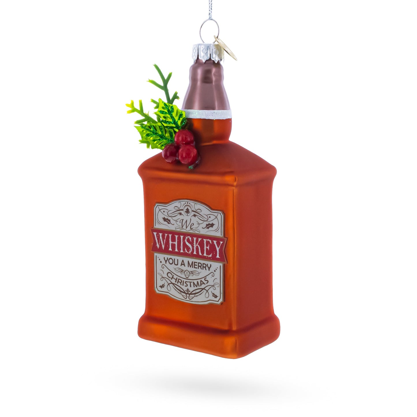 Whiskey Bottle with Holiday Accent Glass Christmas Ornament